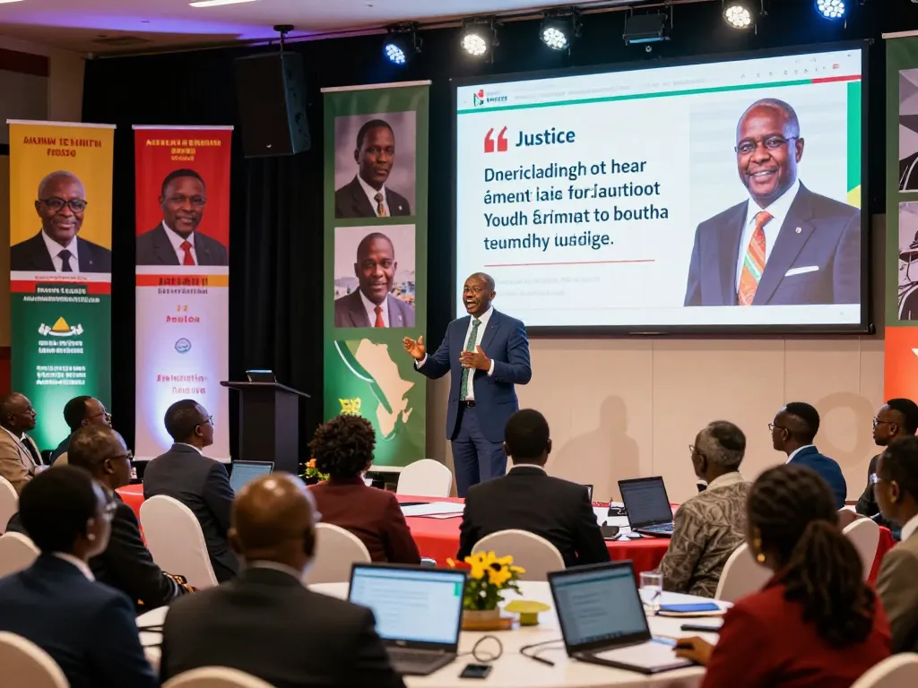 PLO Lumumba engaging audience at a 2026 leadership conference, emphasizing justice and empowerment.