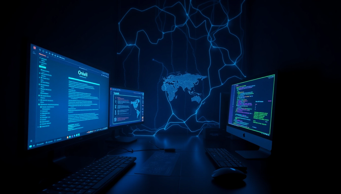 A digital representation showcasing the hidden wiki and dark web elements, featuring multiple screens with .onion websites and interconnected codes.