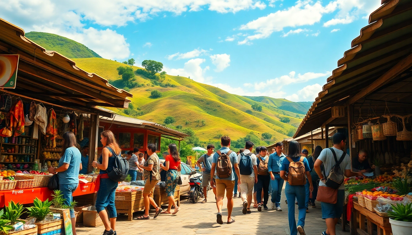 Travelers exploring a vibrant marketplace showcasing the adventure of fly888.