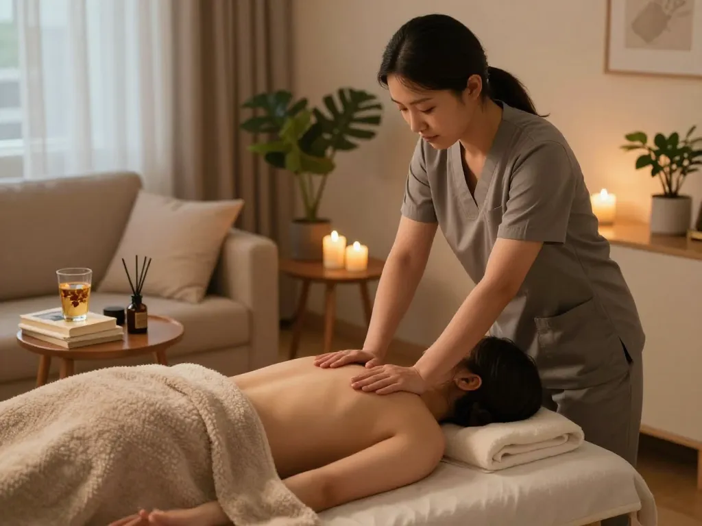 부천 출장마사지 session in a cozy home setting with warm lighting and calming atmosphere.