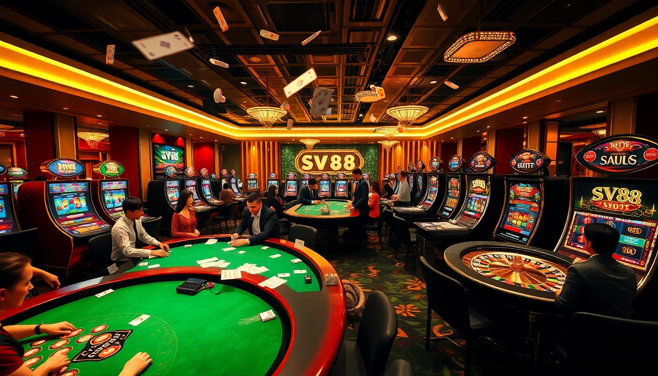 Engaged players enjoying thrilling games at SV88's glamorous online casino environment.