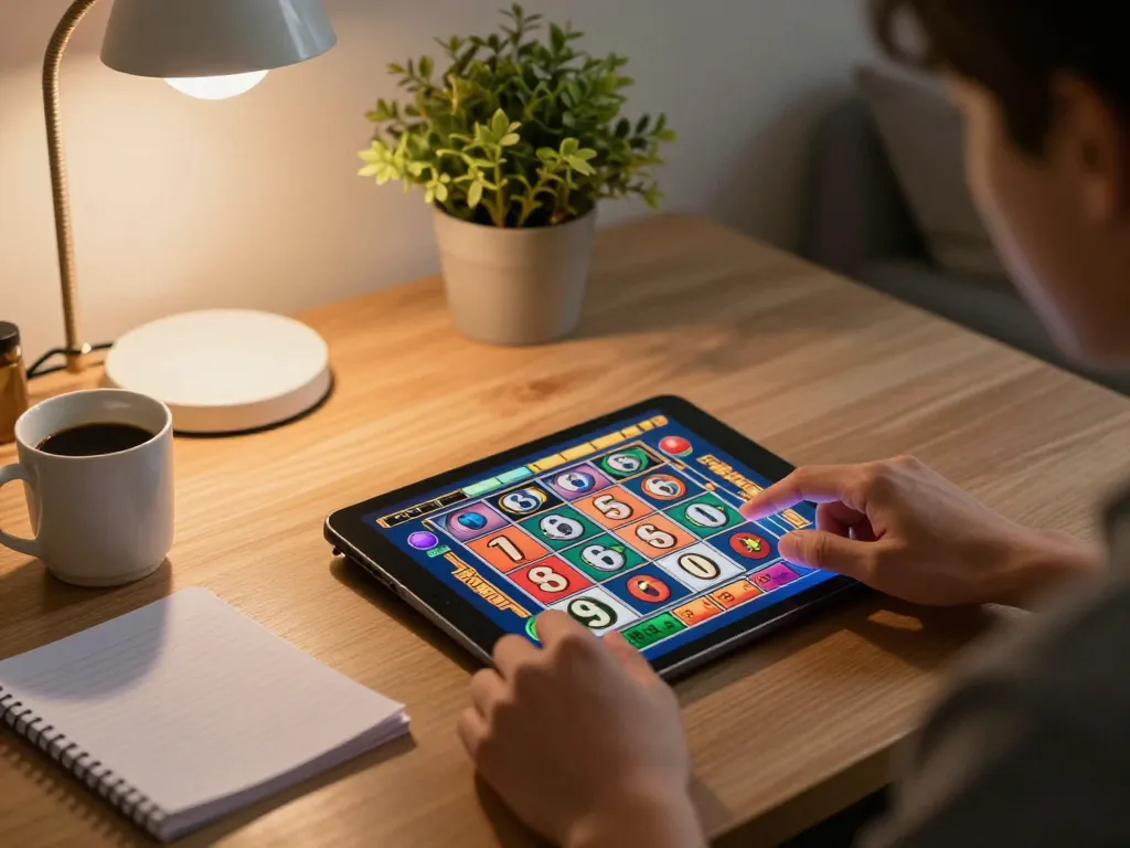 Excited player engaging with slot jepang on tablet, showcasing vibrant gameplay.