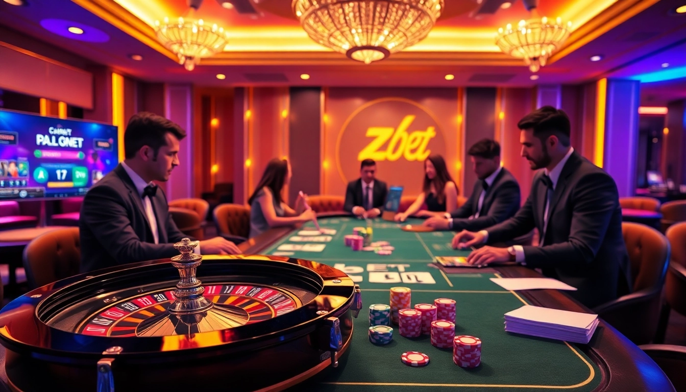 Experience dynamic online gaming with zbet, featuring poker chips and a roulette wheel.