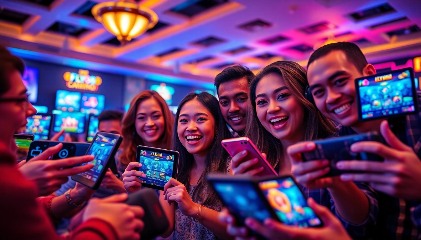 Fly88 online gaming experience with diverse players enjoying casino games and modern technology.
