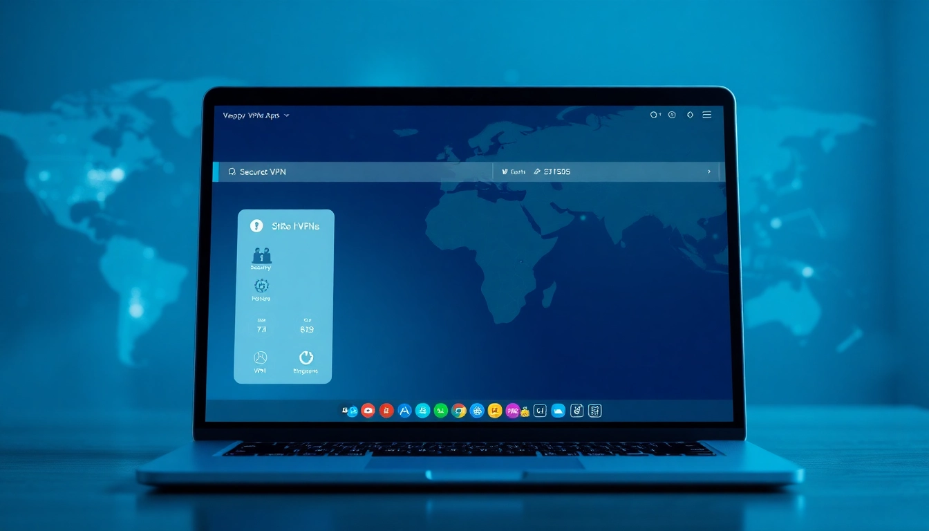 快连下载 app interface displayed on a laptop with a global network map, emphasizing security and speed.
