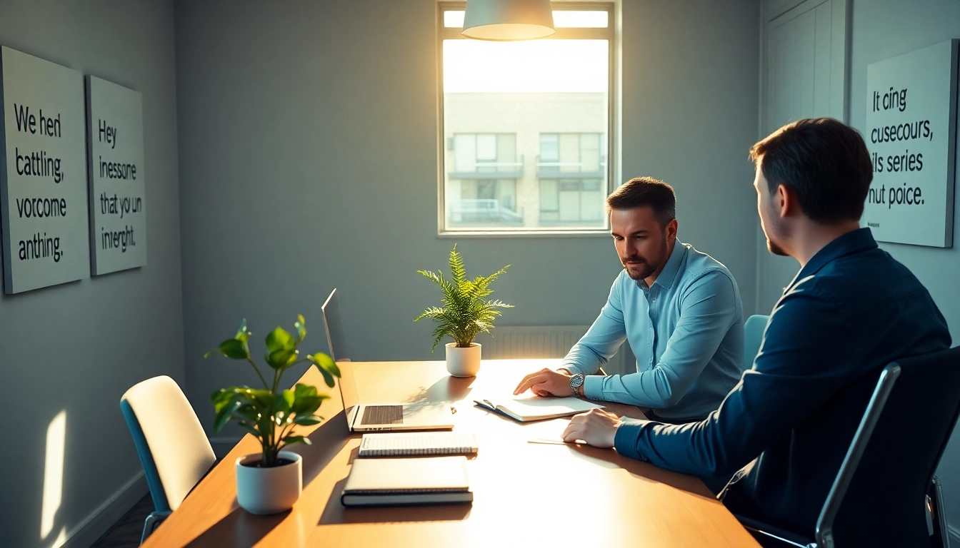 Engaging business coach California guiding a client in a professional office.