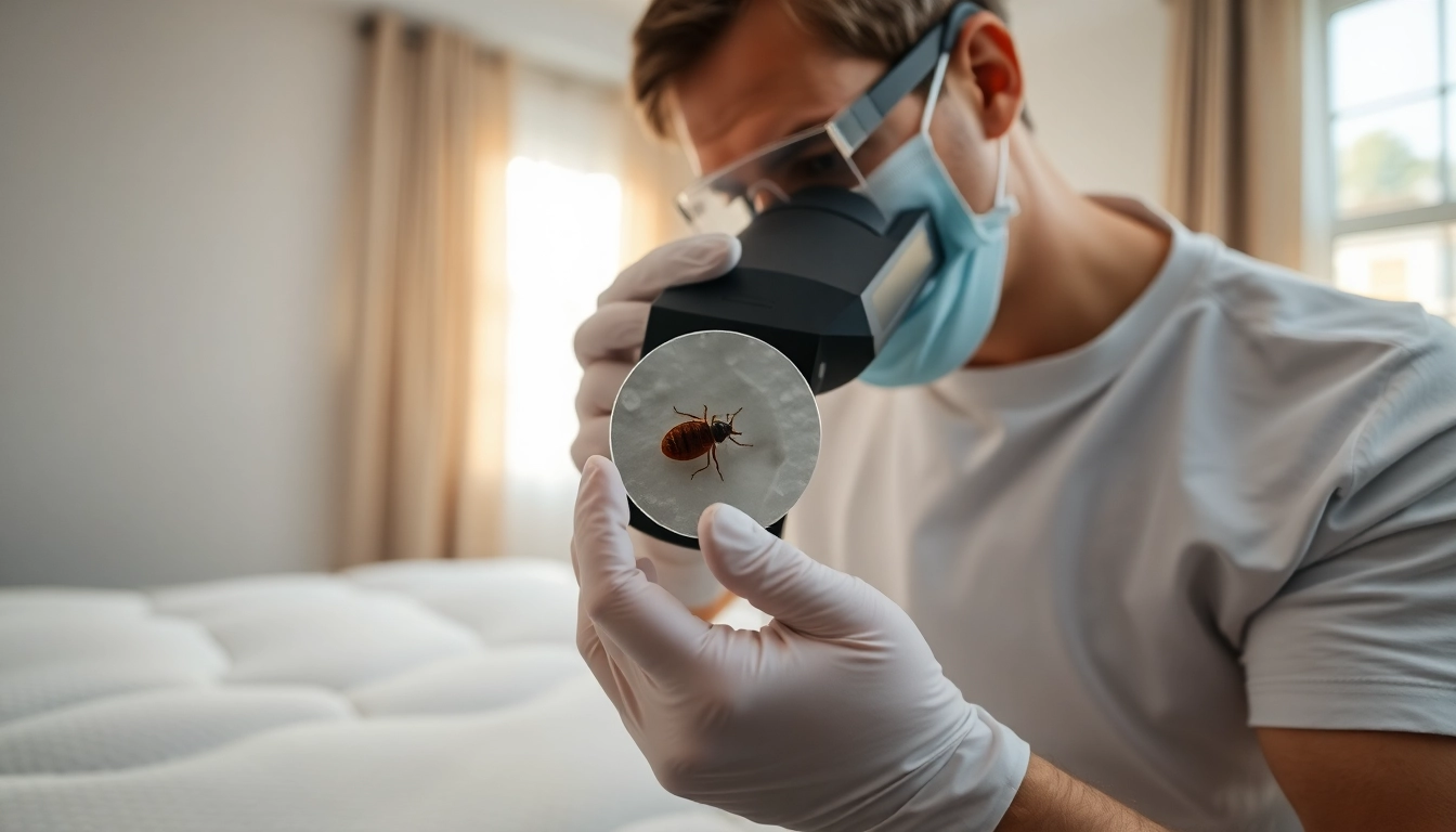Dedicated bed bug exterminator examining a mattress for bed bug signs in a bright, clean room.