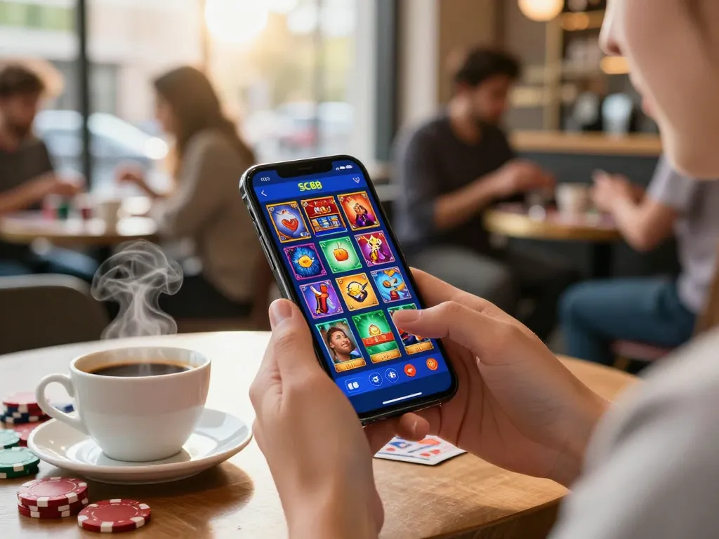 Engaged user on https://sc88e.net/ app in a lively café, showcasing vibrant gaming graphics and urban ambiance.
