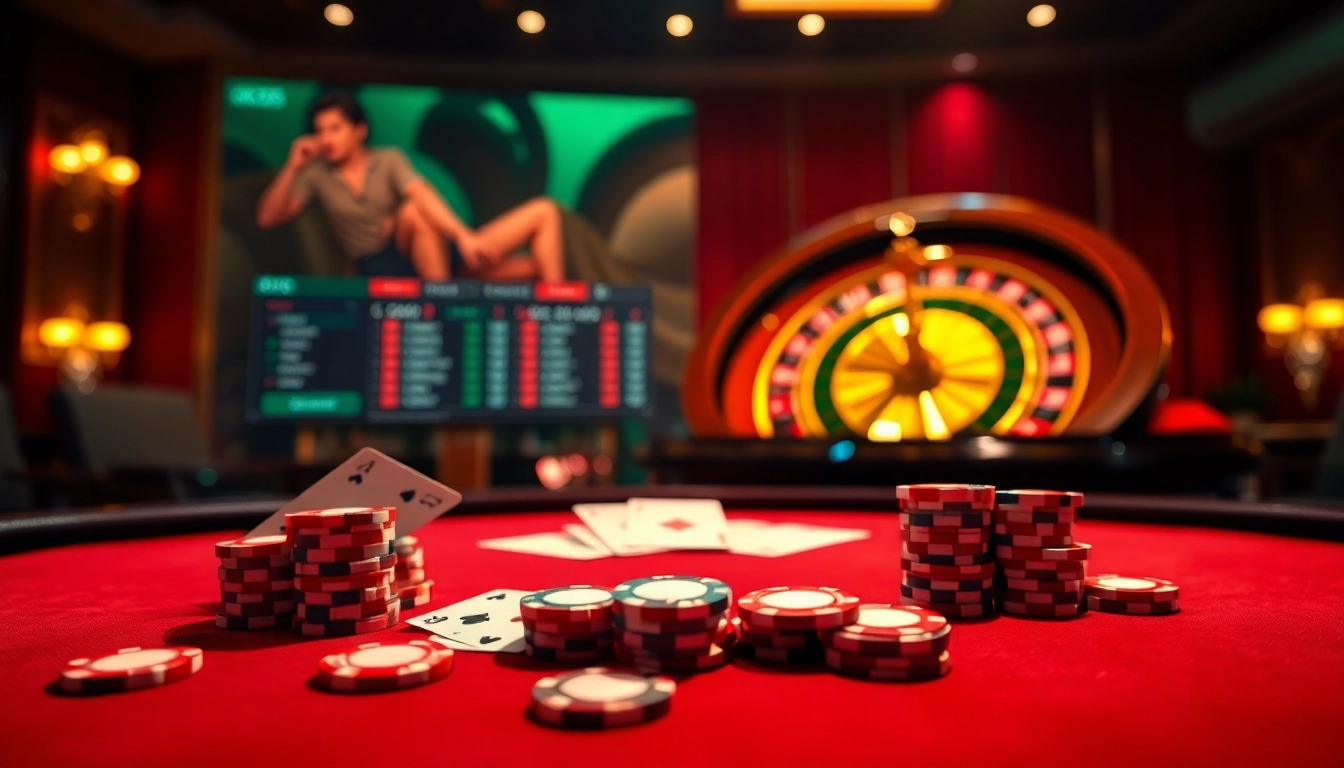 Experience thrilling gameplay at OK365, showcasing an elegant poker table and roulette wheel in a luxurious casino setting.