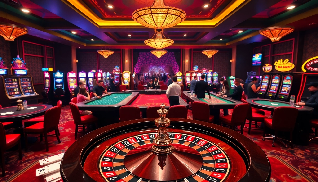 THABET casino scene showcasing vibrant tables and players engaged in thrilling games.