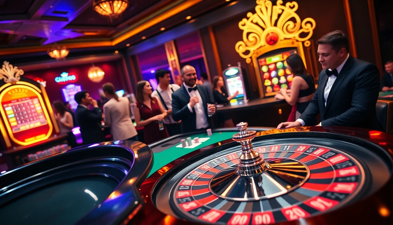 Engaging at nhà cái gg88, players thrill at the roulette wheel and poker table in a vibrant casino setting.