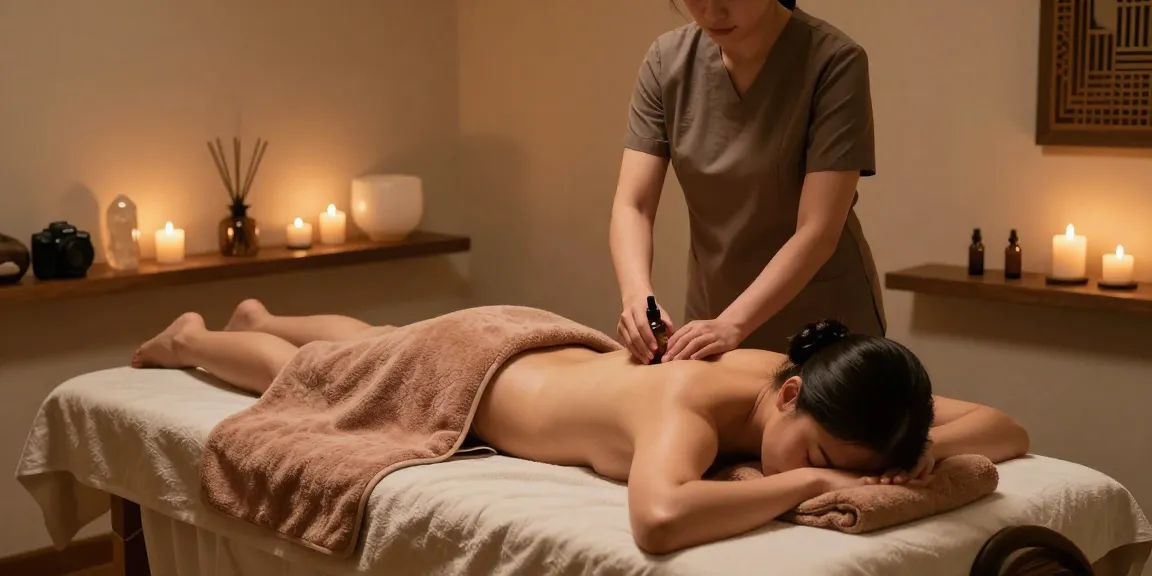 마사지 테라피를 받고 있는 고객과 아로마 테라피 아로마 오일을 사용하는 마사지사.
