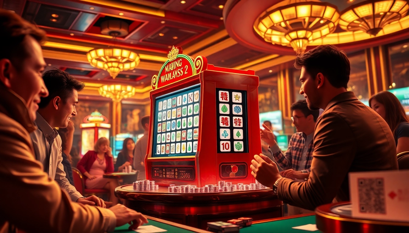 Engage in Mahjong Ways 2 slot gameplay amidst a vibrant casino setting, surrounded by players and excitement.