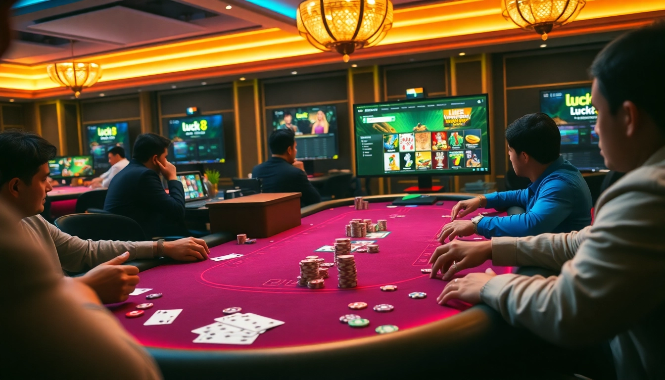 Gamblers enjoying a thrilling poker game experience with Luck8 branding.