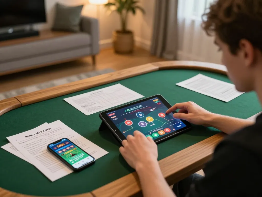 S666 players strategizing during an exciting online poker game at home with tablets and notes