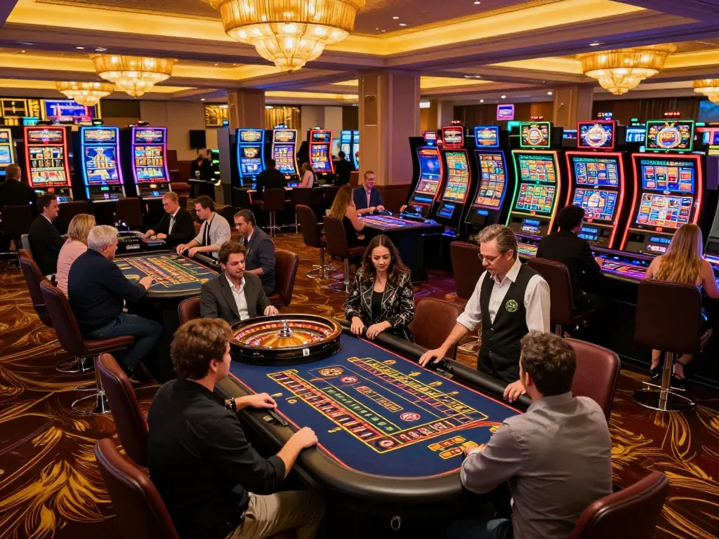 Experience thrill at MM88's lively casino floor packed with eager players and spinning roulette.