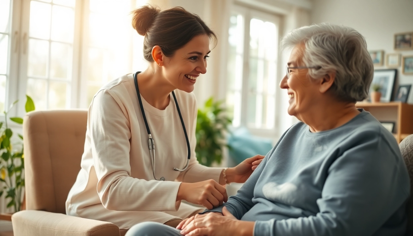 Caregiver providing senior home care austin in a cozy living room with warm lighting.