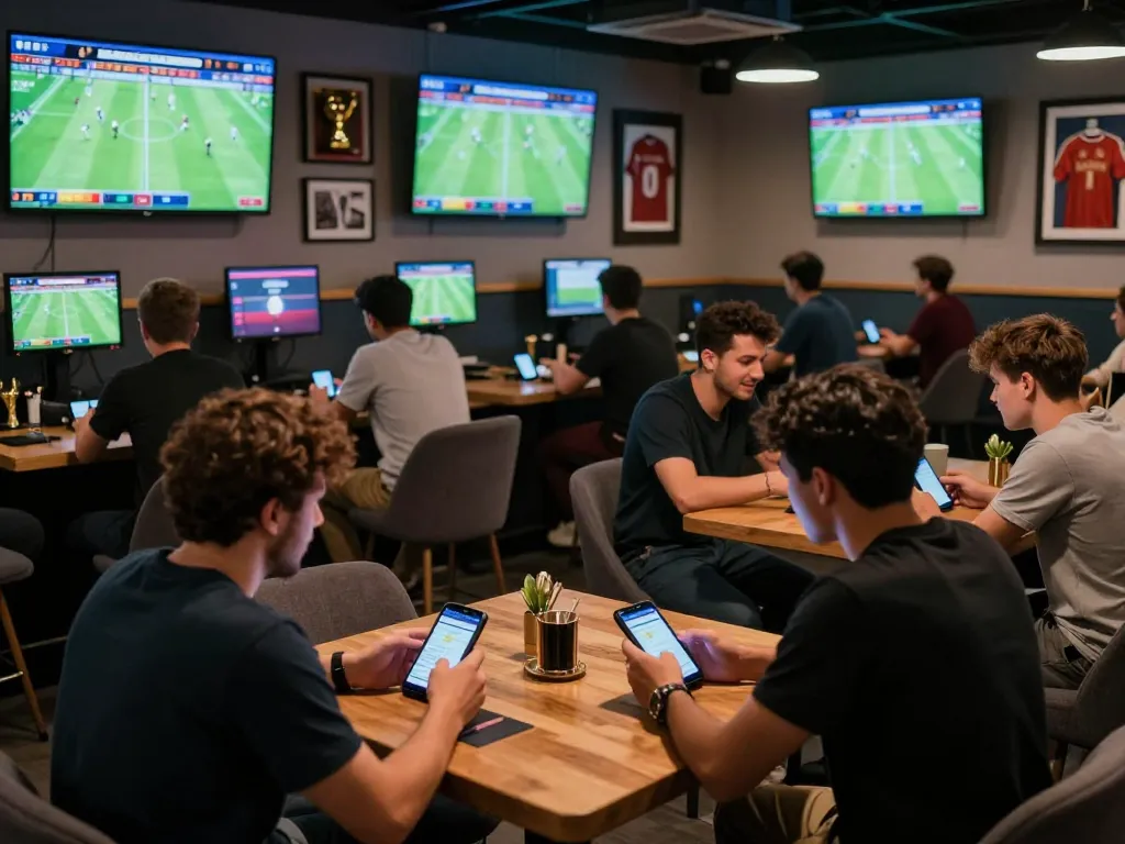 Cakhiatv lovers engaging with live sports betting in a vibrant lounge atmosphere, analyzing odds on mobile devices.