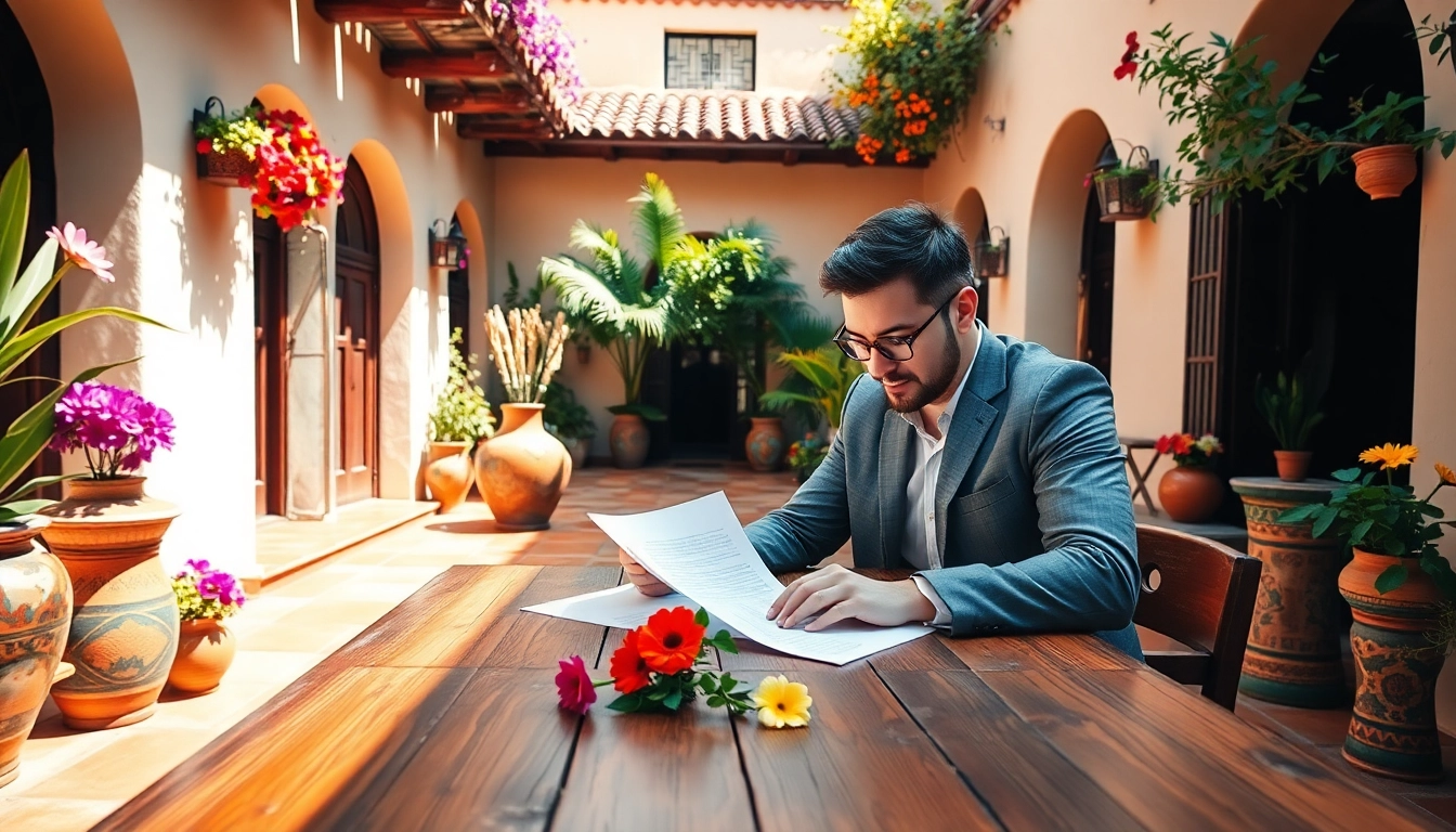 Buying property in Mexico as an American couple reviewing documents in a sunny courtyard.