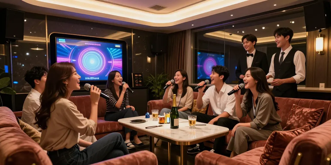강남쩜오에서 즐거운 시간을 보내는 친구들과 함께한 화려한 카라오케 라운지의 내부 모습
