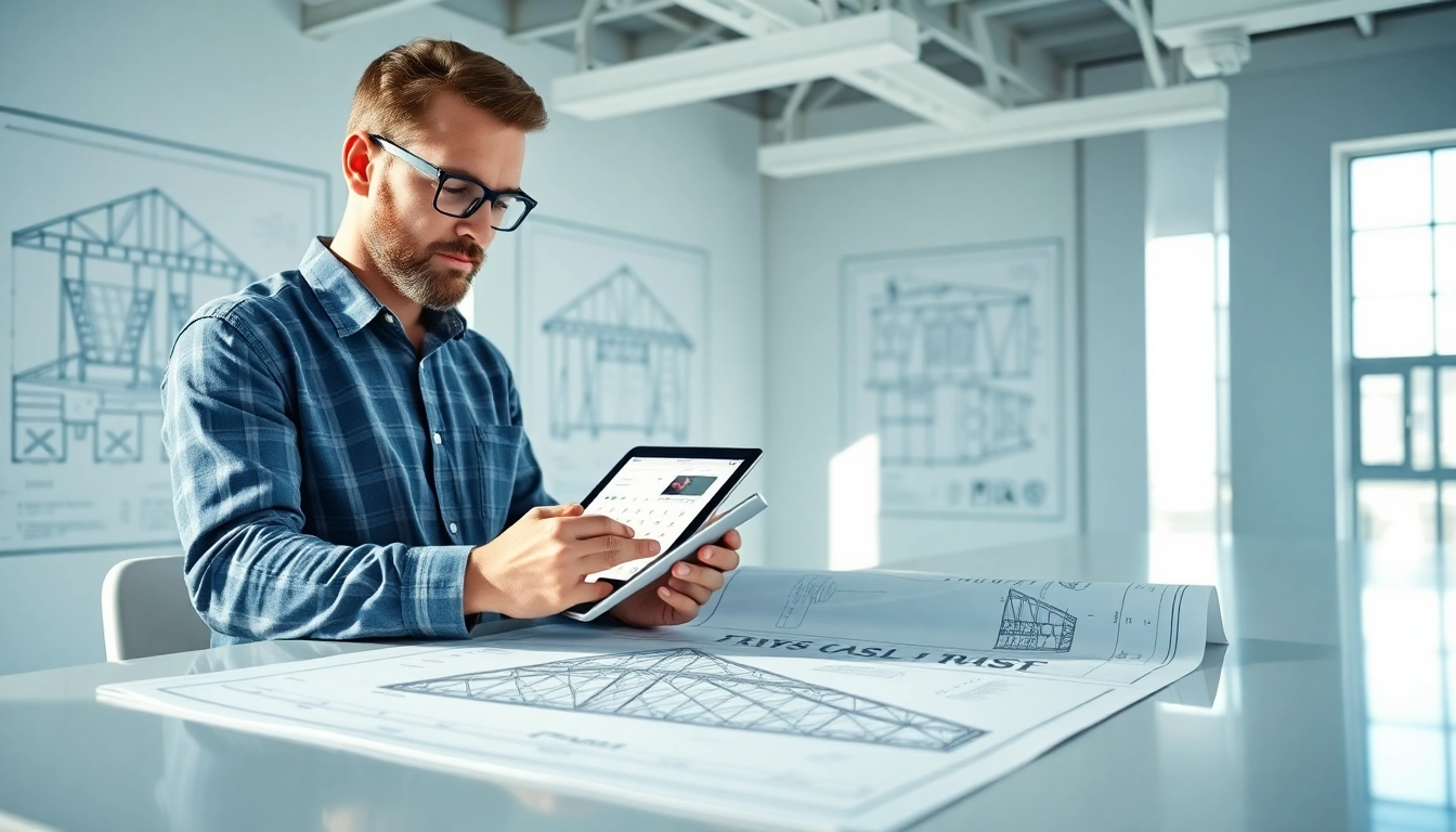 Engineer using a truss calculator while examining detailed blueprints in a bright office setting.
