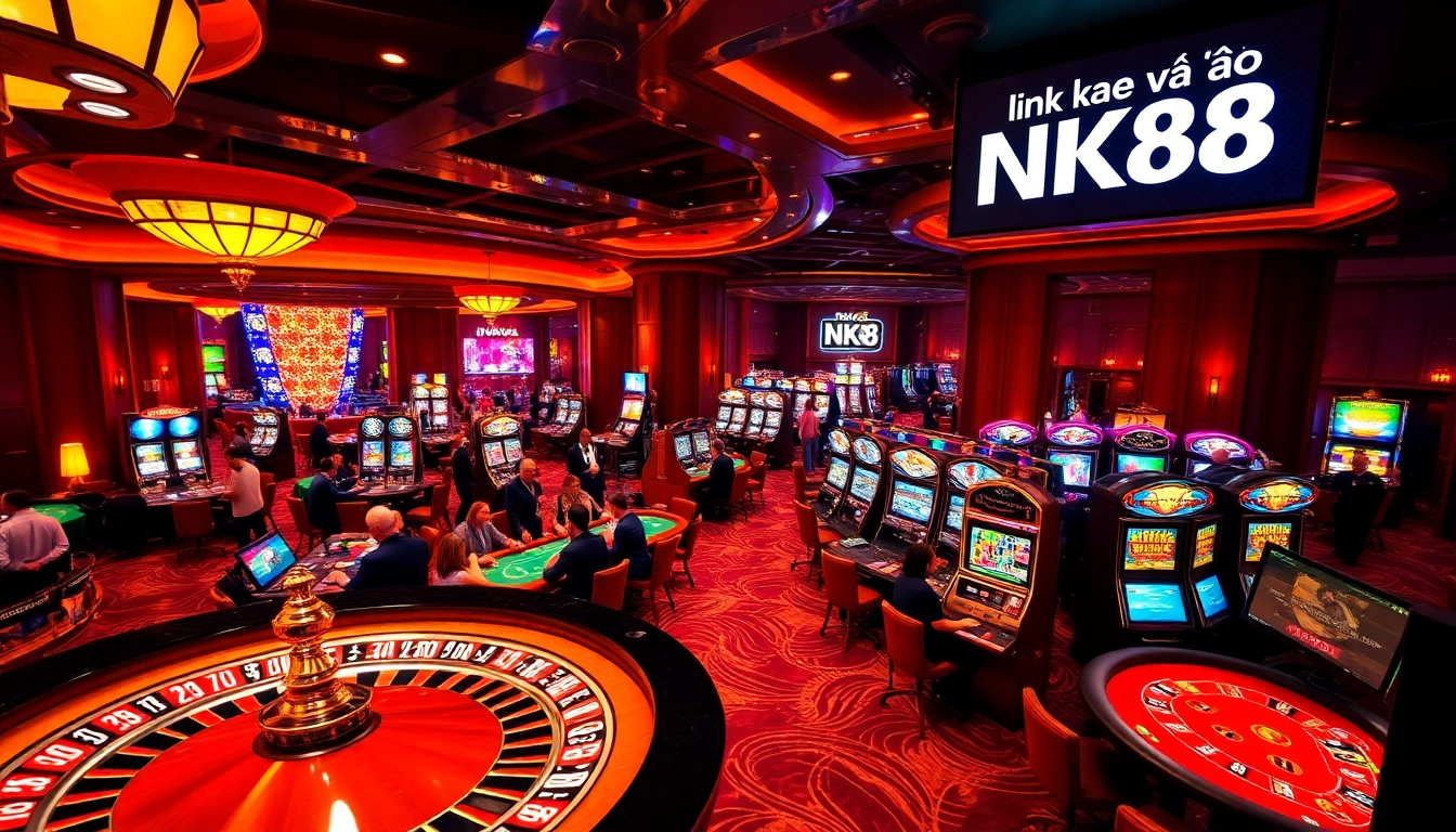 Engage in excitement at NK88 with vibrant gambling scenes including poker, roulette, and slot machines.