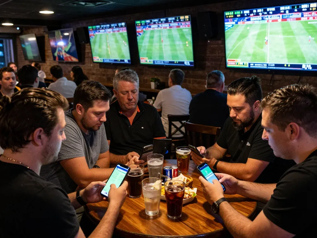 Engaging sports betting scene with patrons focused on link vào bongdalu and sharing strategies