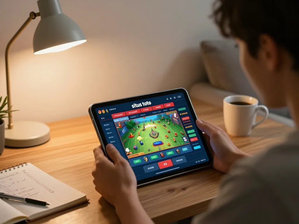 Player engaging with situs toto gaming on a tablet in a cozy home environment, showcasing strategic gameplay.