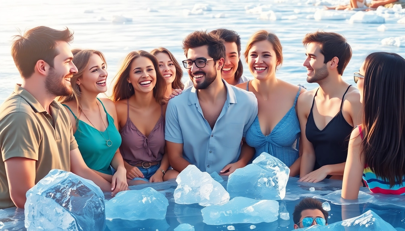 Engaging scene illustrating break the ice origin with people connecting and frozen barriers melting.