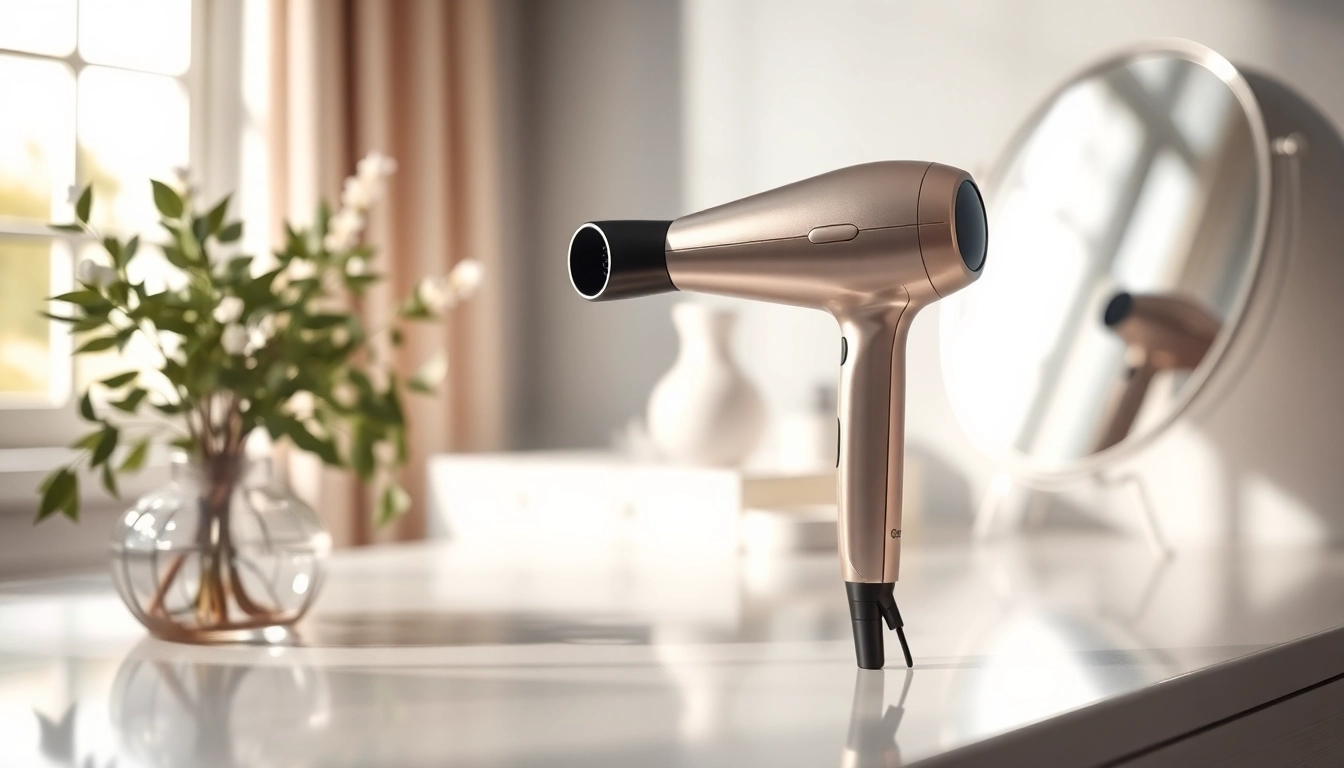 Modeling a hair dryer for fine hair with ergonomic design on a bright vanity.