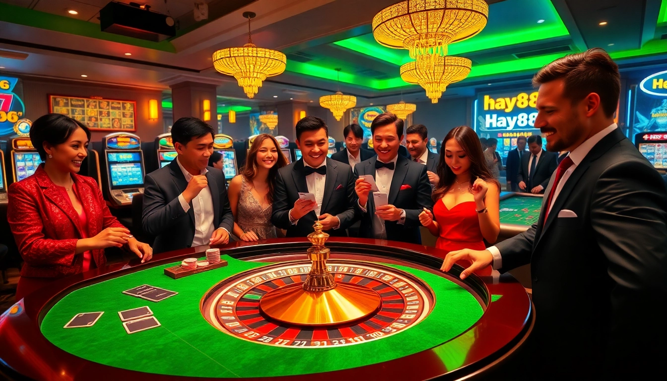 Excited players engaging with Hay88 casino games at a luxury roulette table.