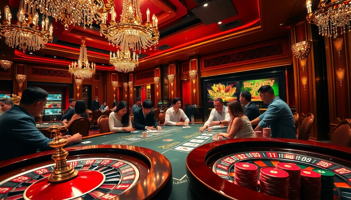 Experience the thrill of gambling at Nhà Cái BJ888's stunning casino tables stacked with poker chips.