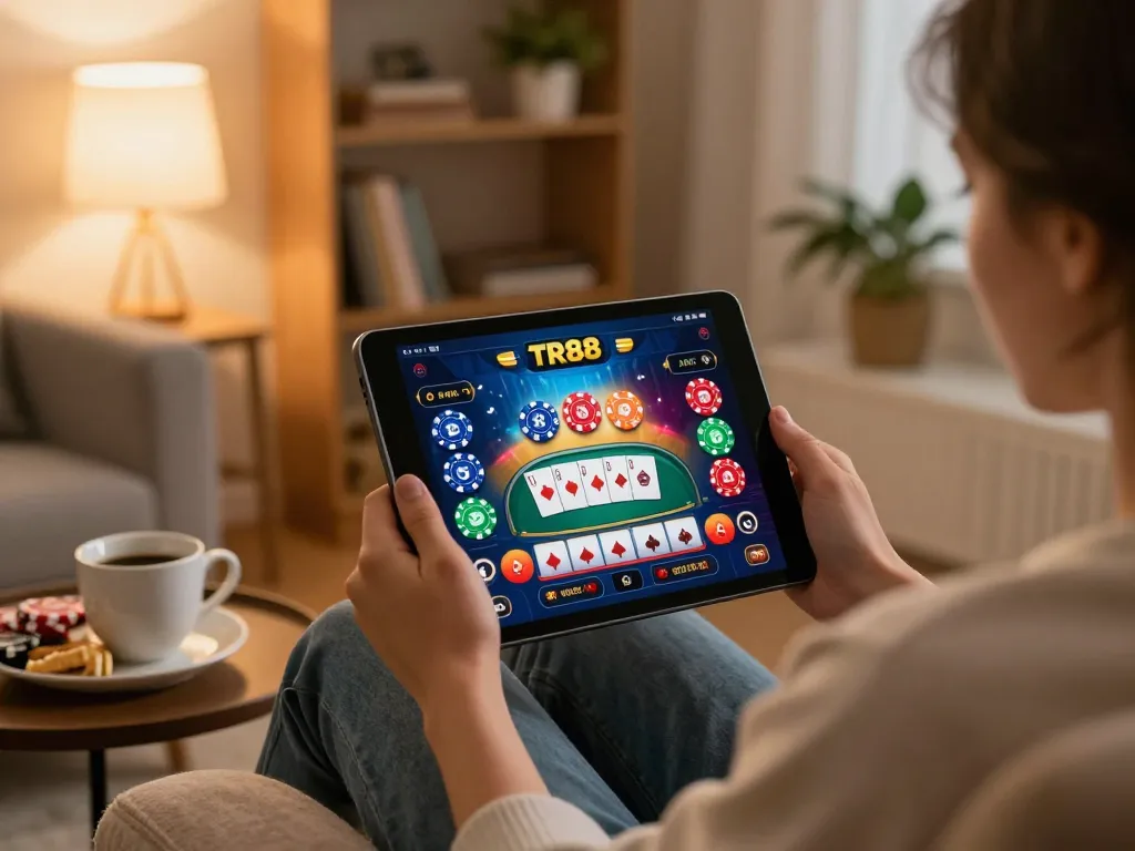 Engaging with TR88 online casino app on a tablet in a cozy home gaming setup.