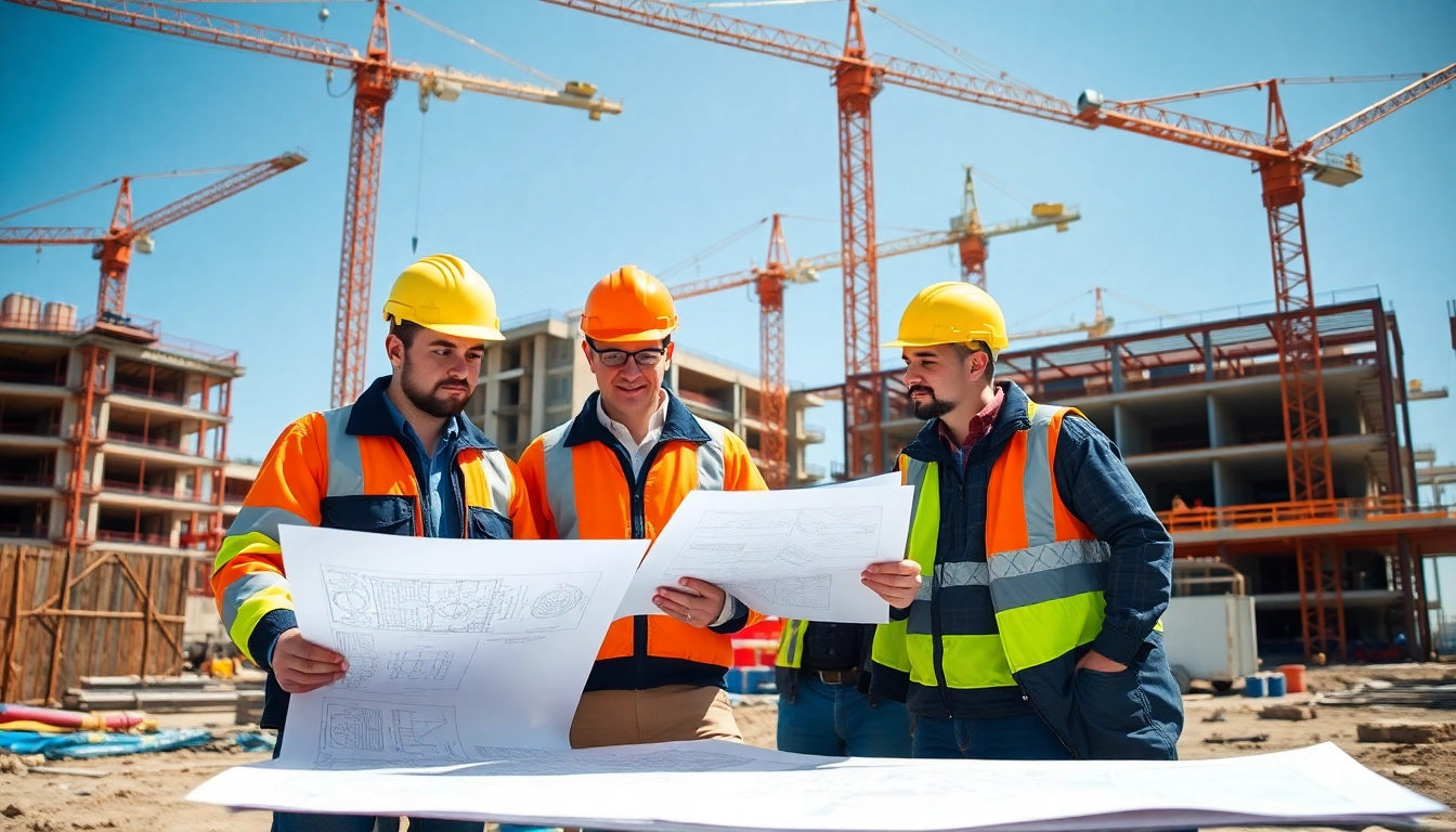Enhance construction quality management with a dedicated team on site examining blueprints.