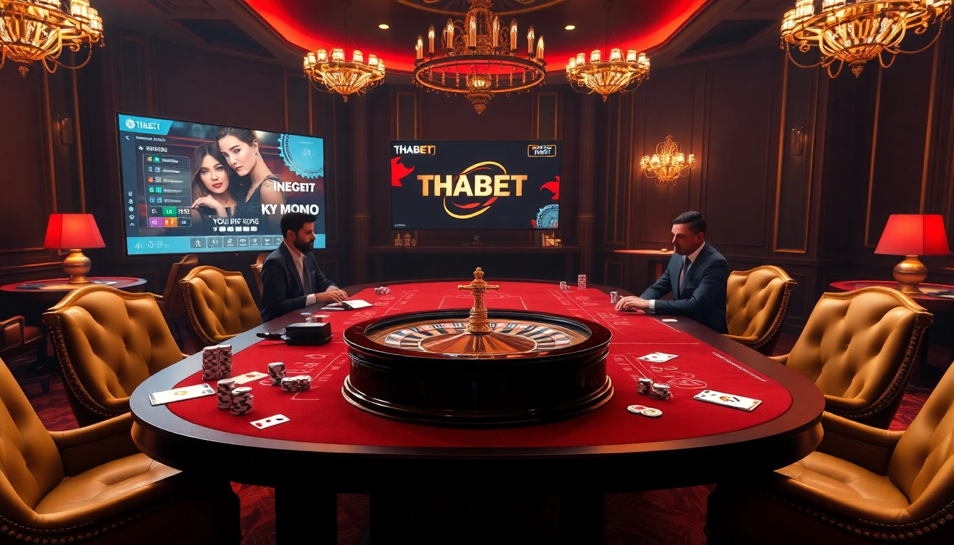 Experience excitement with THABET in a luxurious casino environment featuring poker chips and roulette.