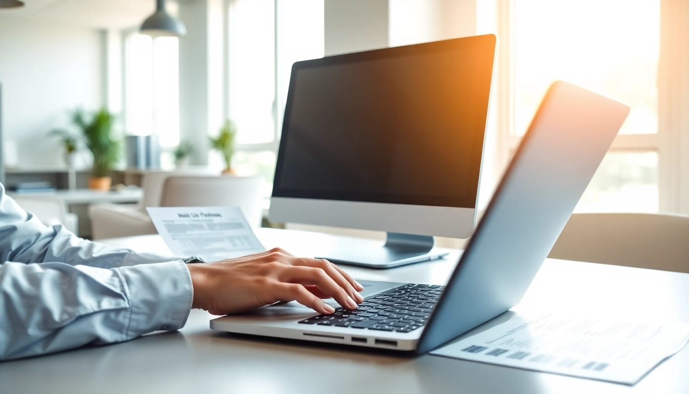 Consultant engaging in registration and certification in Federal databases at a modern office.