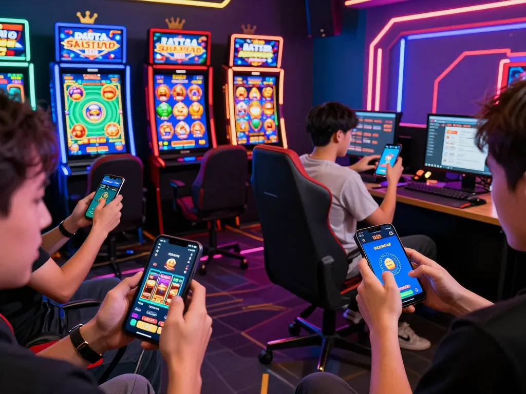 Exciting players using the Rikvip tải app on mobile devices in a vibrant online gaming environment.