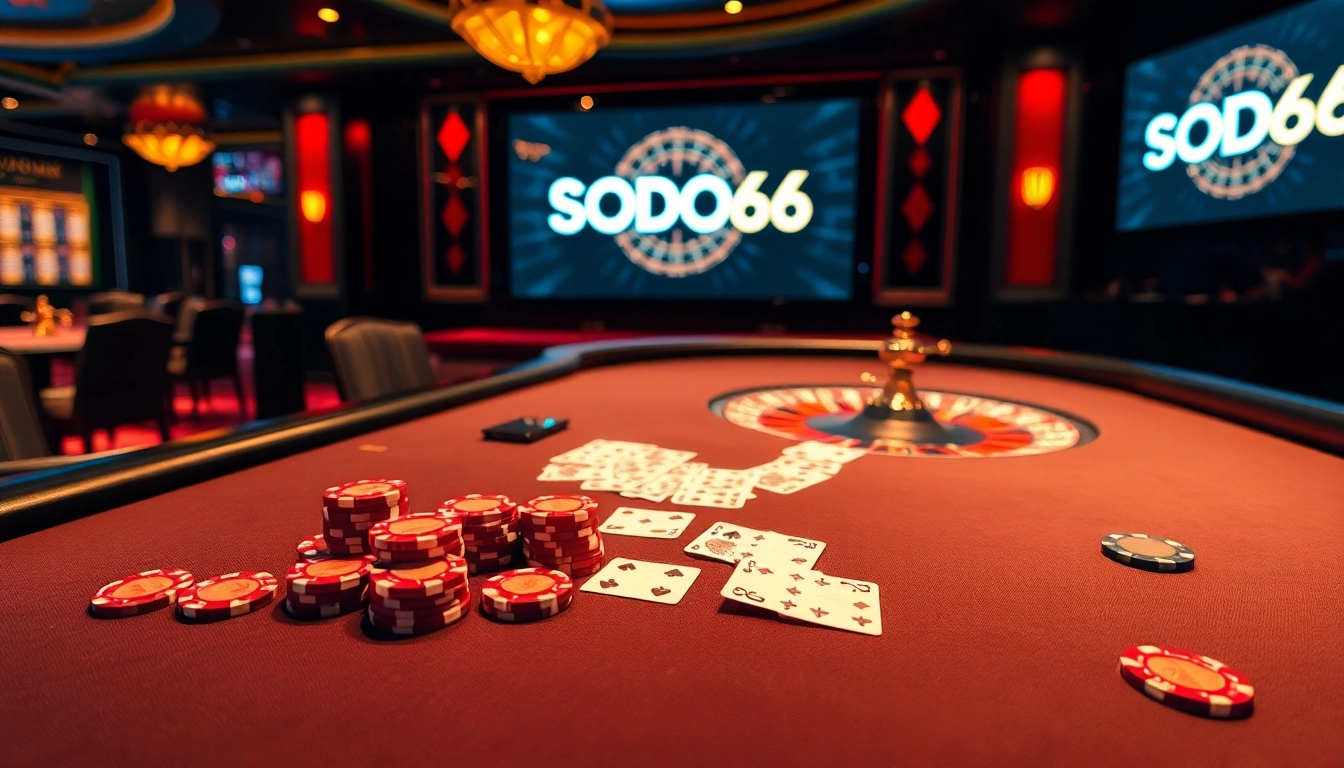 SODO66 players enjoying a thrilling poker game at a luxurious casino table with vibrant chips.