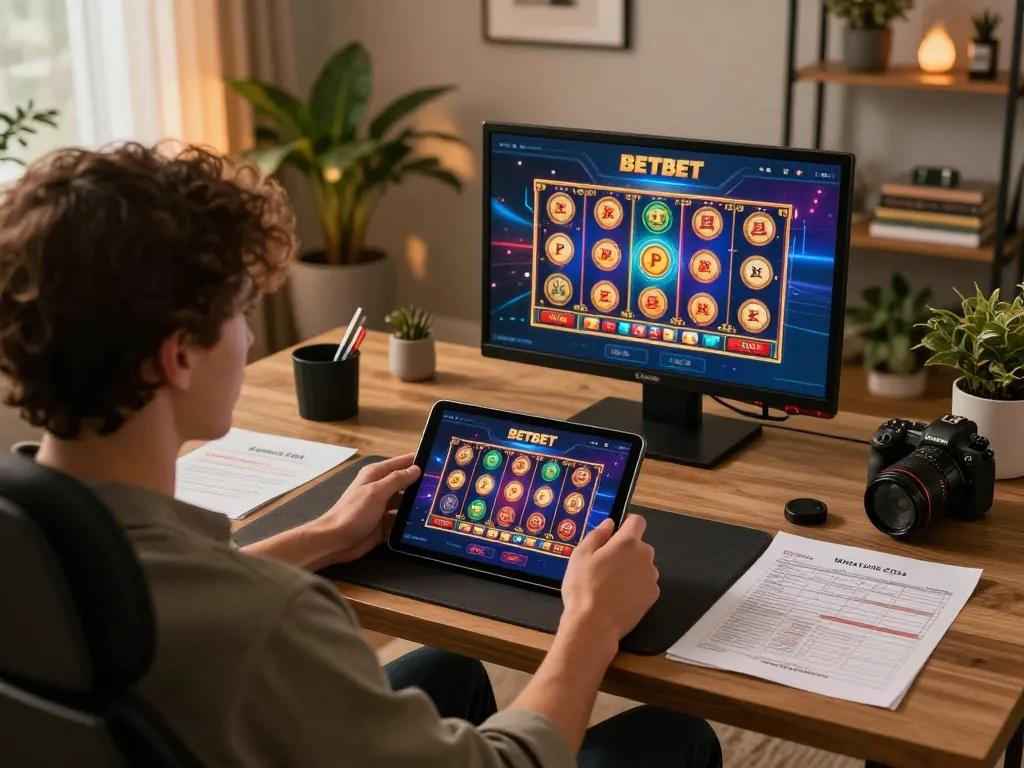 Engaging moment of a player using the BETBET app on a tablet, emphasizing vibrant gameplay and strategy.