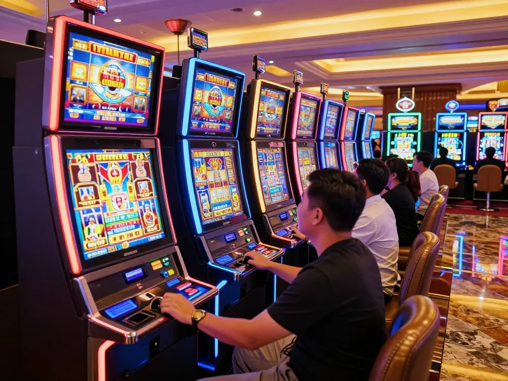 Players enjoy vibrant slot machines showcasing situs slot gacor experiences in an upscale casino.