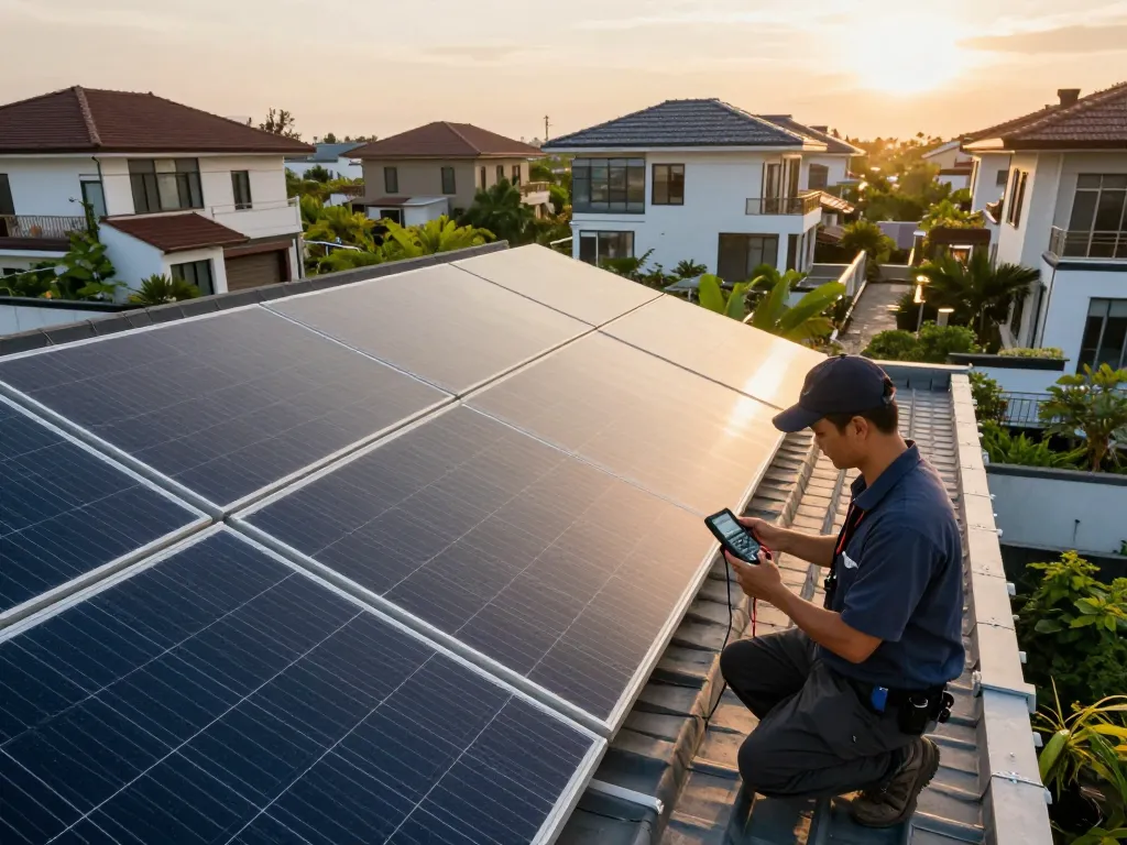 Technician assessing rendement van zonnepanelen on residential roof with solar panels.