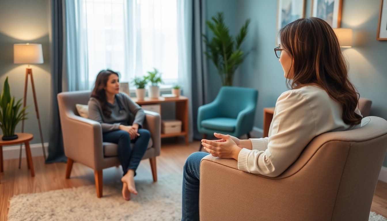 Counselling Services offered in a calming therapy room with engaged clients and warm lighting.