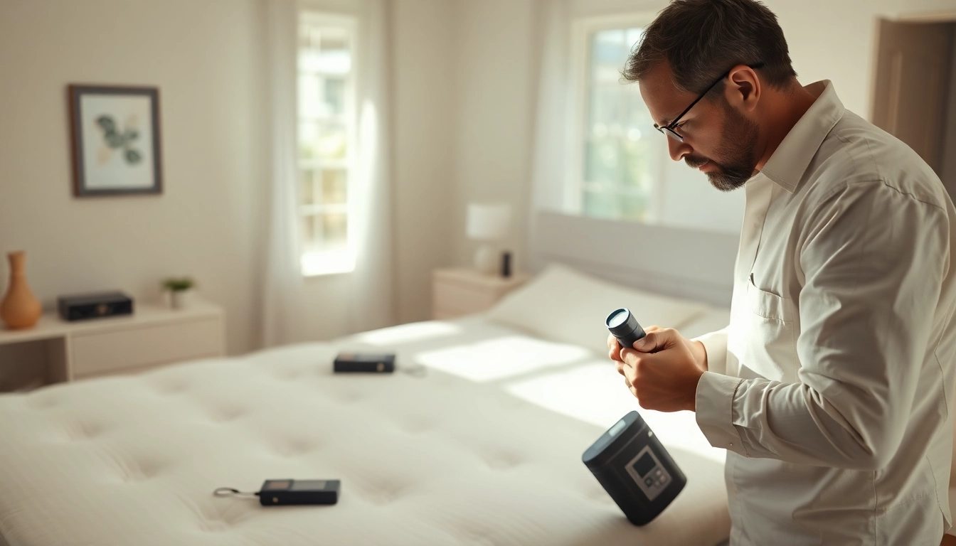 Inspecting for bed bugs in a cozy bedroom by Affordable Bed Bug Exterminators to ensure thorough pest control.