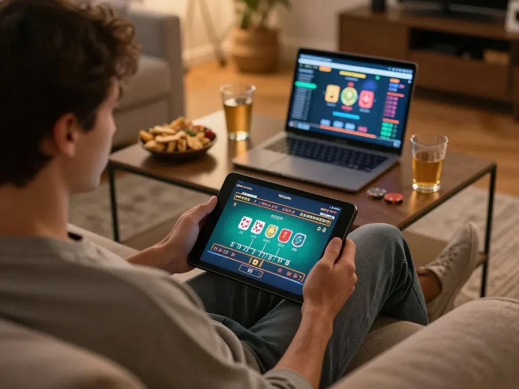 Engaging in online blackjack at home with MB66 tablet game interface visible