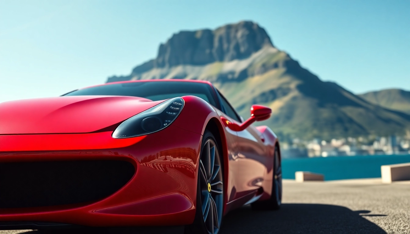 Showcase of preowned Ferrari Cape Town in front of Table Mountain, highlighting luxury and elegance.