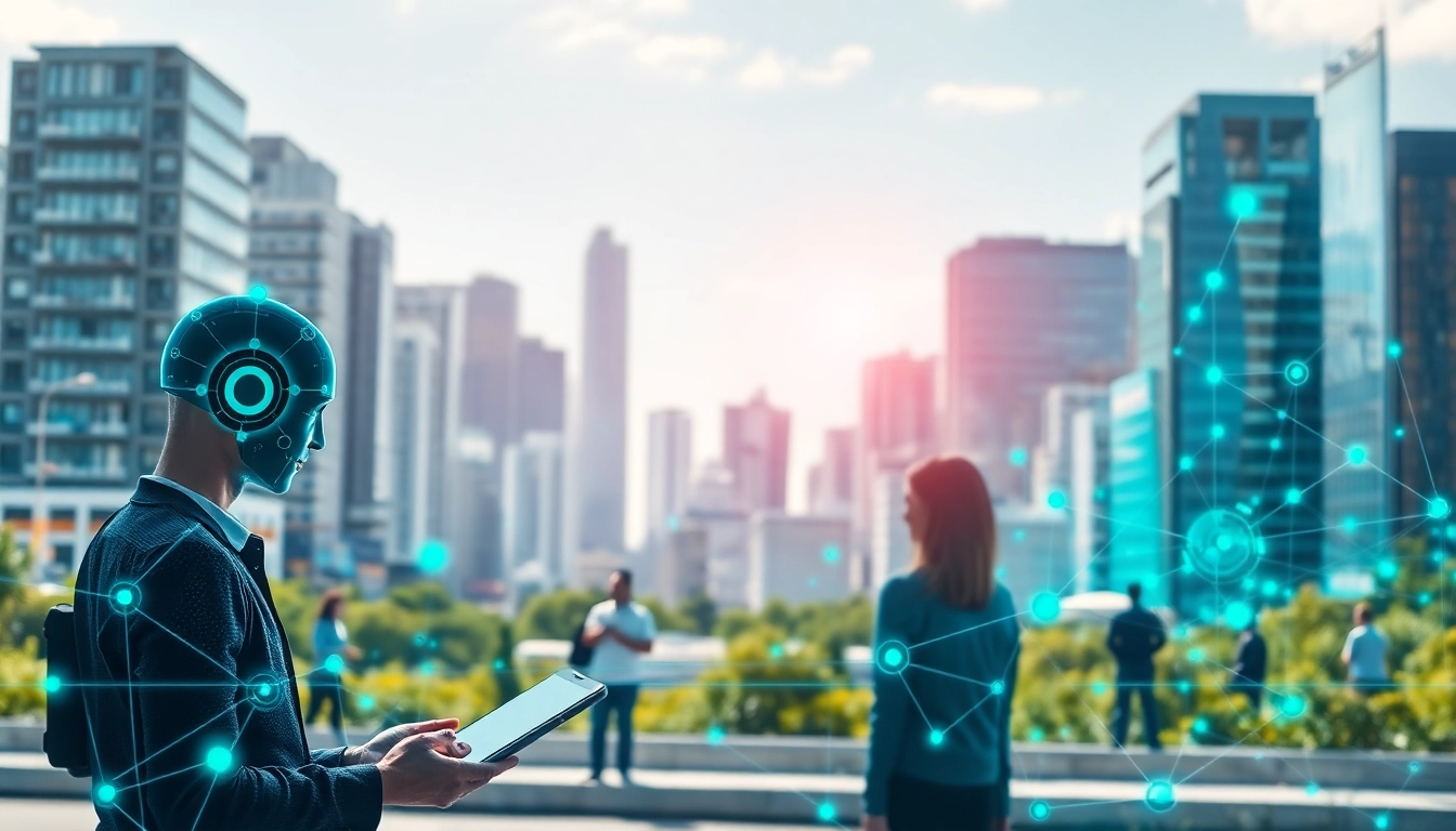 Discover innovative technologies impacting lives at https://mohamedmmblog.tech with vibrant cityscape and human interaction.
