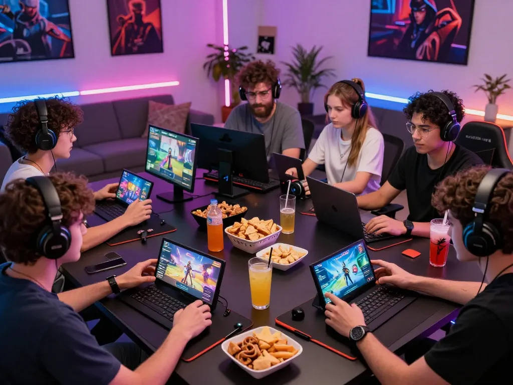 Exciting gaming environment featuring players enjoying autowin88 mobile games with vibrant decor and snacks.
