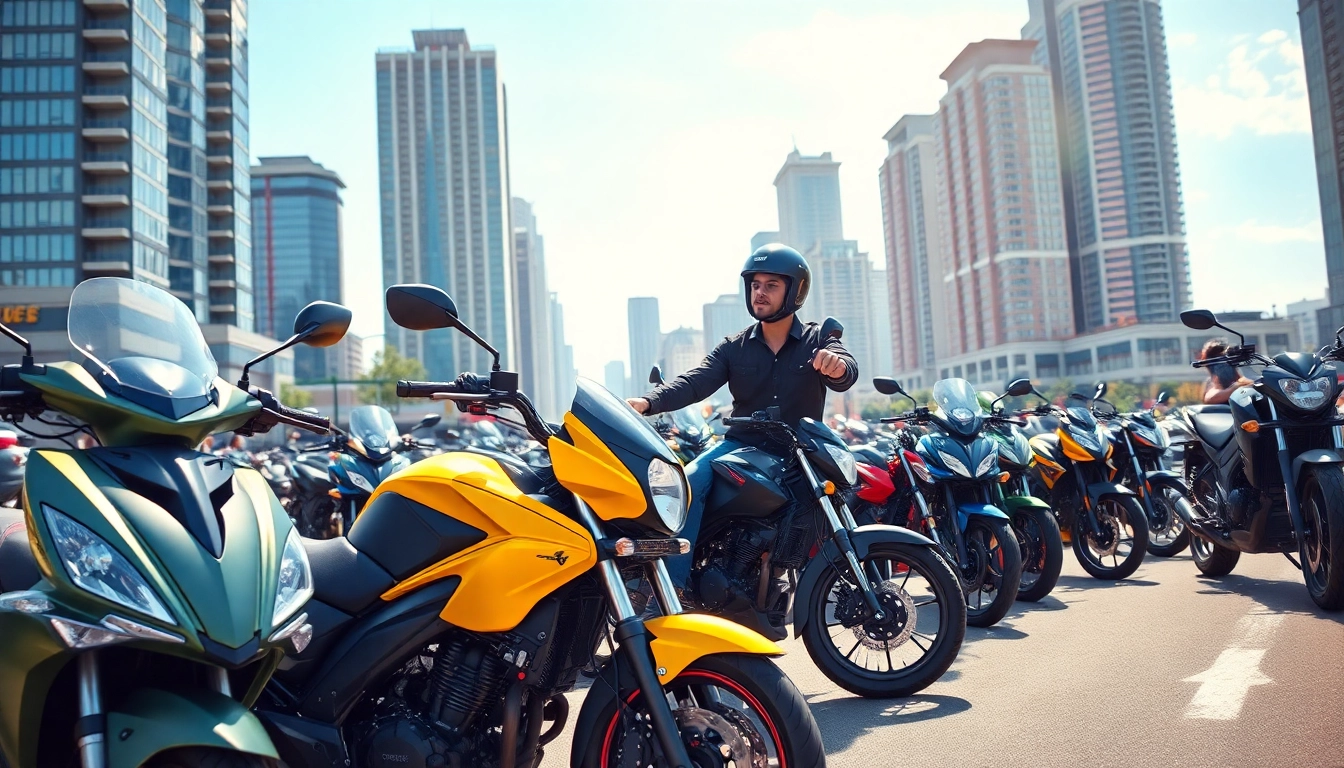 Showcasing affordable street legal motorcycles in an urban setting with a vibrant atmosphere.