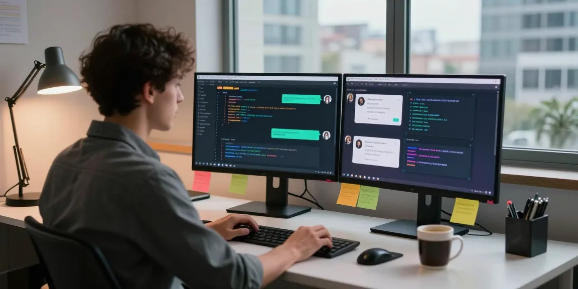 Engaging with spicy ai chatbot in a vibrant tech workspace filled with coding screens and ambient lighting.