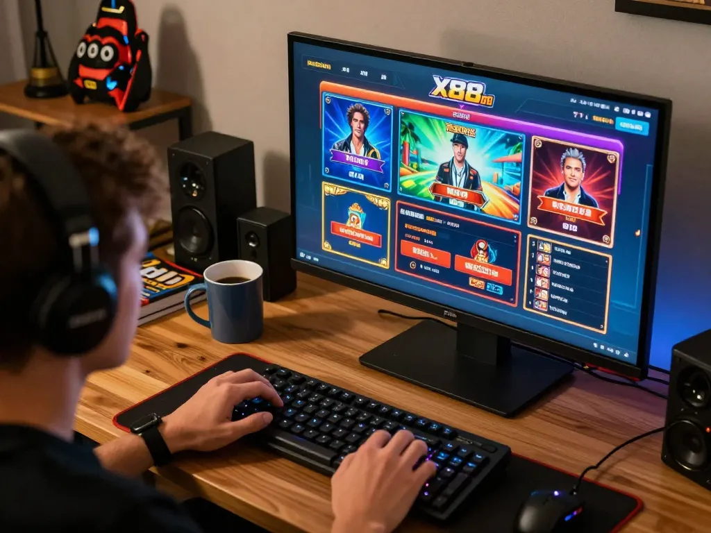 Player enjoying online casino games at https://x88.design/ with illuminated screen and cozy setup